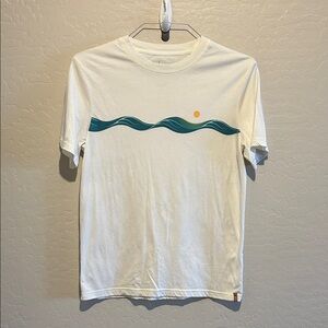 tentree Cream Tee with Teal Wave and Yellow Sun